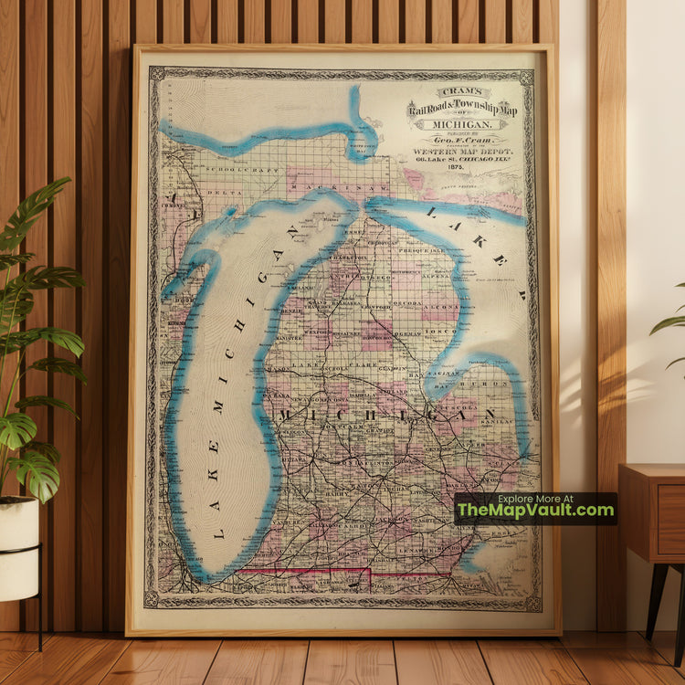 Michigan Map 1875 Railroad Print - Detroit, Lansing, Grand Rapids - image 1