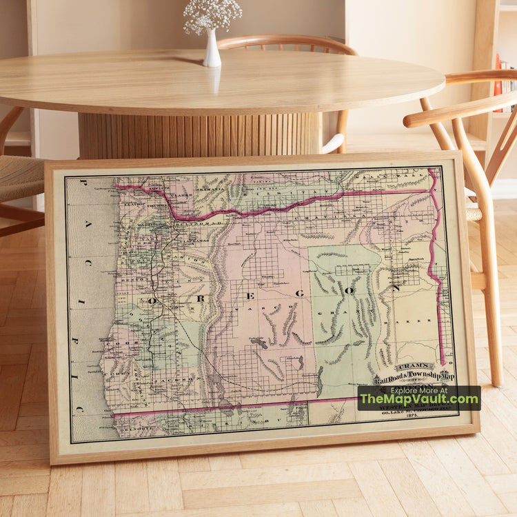 Oregon Map 1875 Railroad Print - Salem, Portland, Astoria - image 1