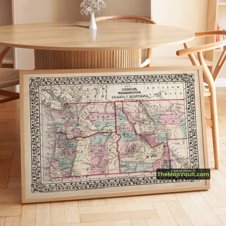 Oregon, Washington, Idaho & Montana Map 1877 Regional Print - Portland, Olympia, Boise City, Helena - image 1