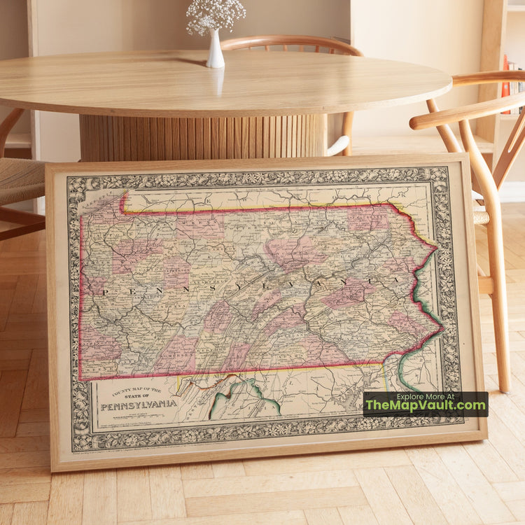 Pennsylvania Map 1865 County Print - Harrisburg, Philadelphia, Pittsburgh - image 1