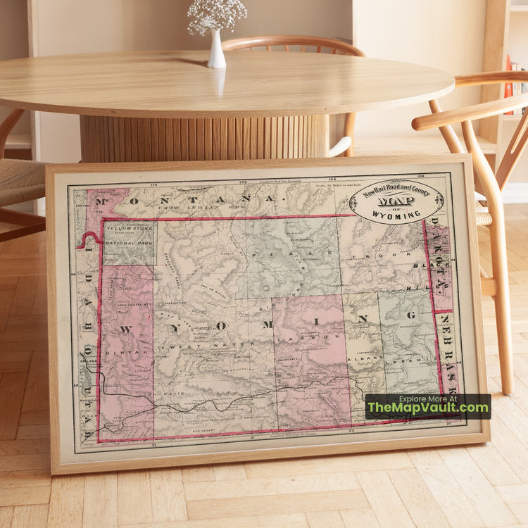 Wyoming Map 1882 Railroad Print - Cheyenne, Yellowstone National Park, Sweetwater River - image 1