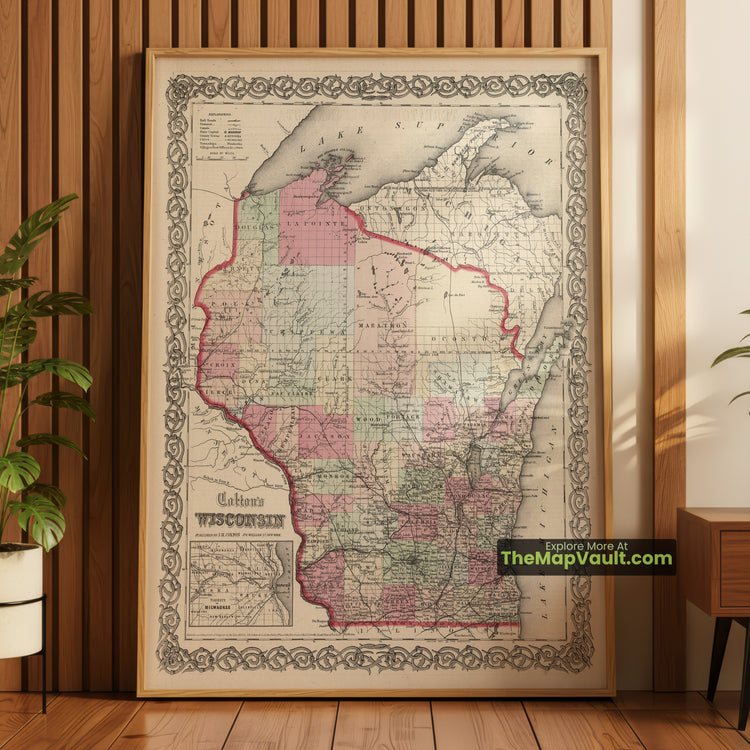Wisconsin Map 1855 State Print - Milwaukee, Madison, Green Bay - image 1