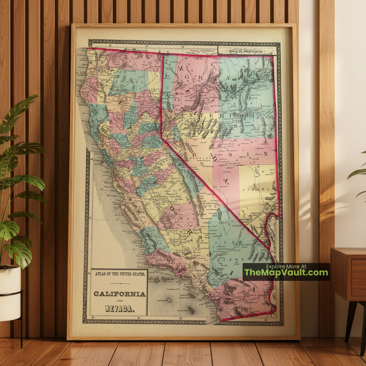 California & Nevada Map 1872 Regional Print - Los Angeles, San Francisco, Reno - image 1