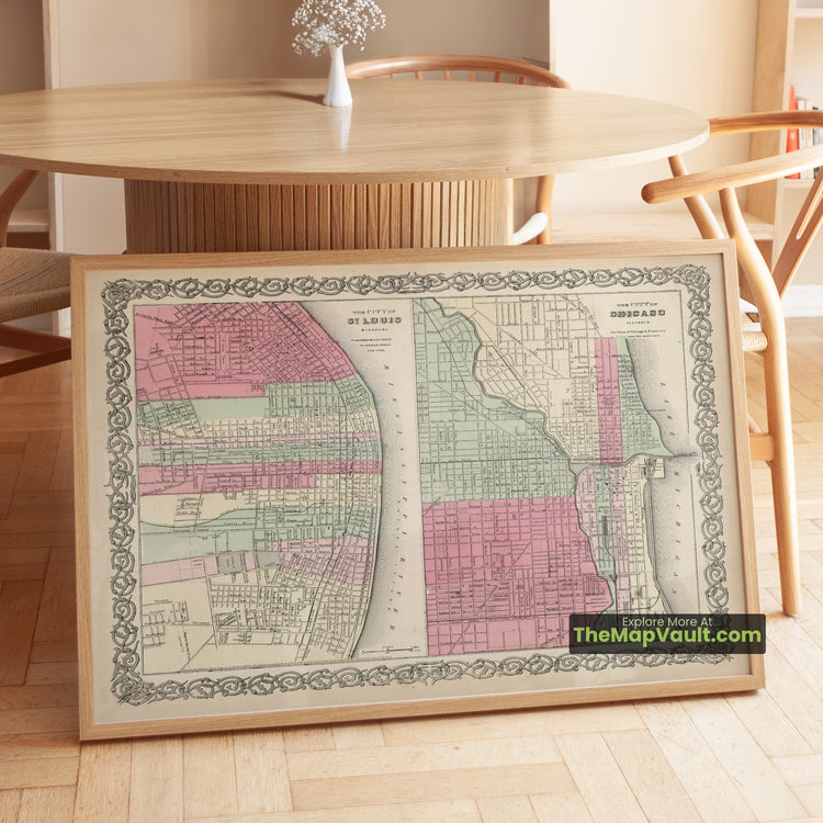 St. Louis & Chicago Map 1865 City Plan - St. Louis, Chicago, Mississippi River, Lake Michigan - image 1