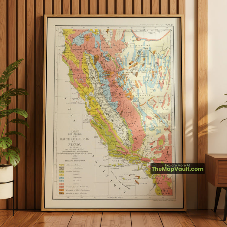California & Nevada Map 1871 Geological Print - Reno, Sacramento, Lake Tahoe - image 1