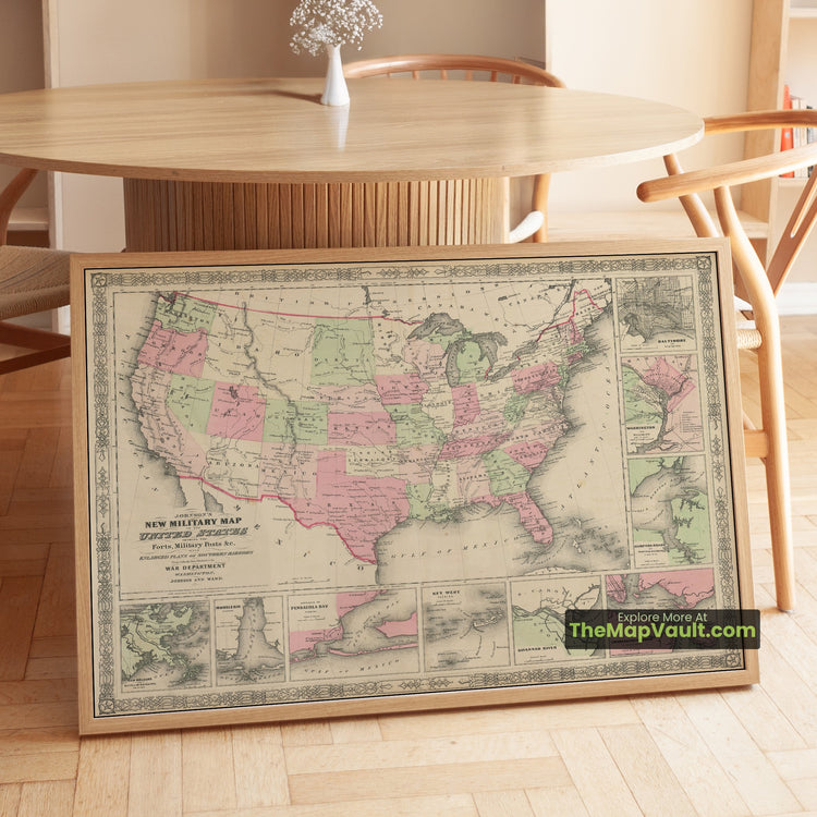 United States Map 1864 Military Print - Washington, Charleston, New Orleans, San Francisco - image 1