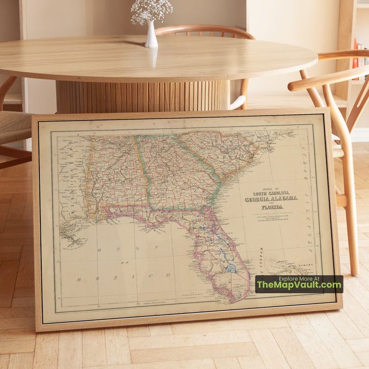 South Carolina, Georgia, Alabama & Florida Map 1857 Regional Print - Charleston, Atlanta, Montgomery, Tallahassee - image 1