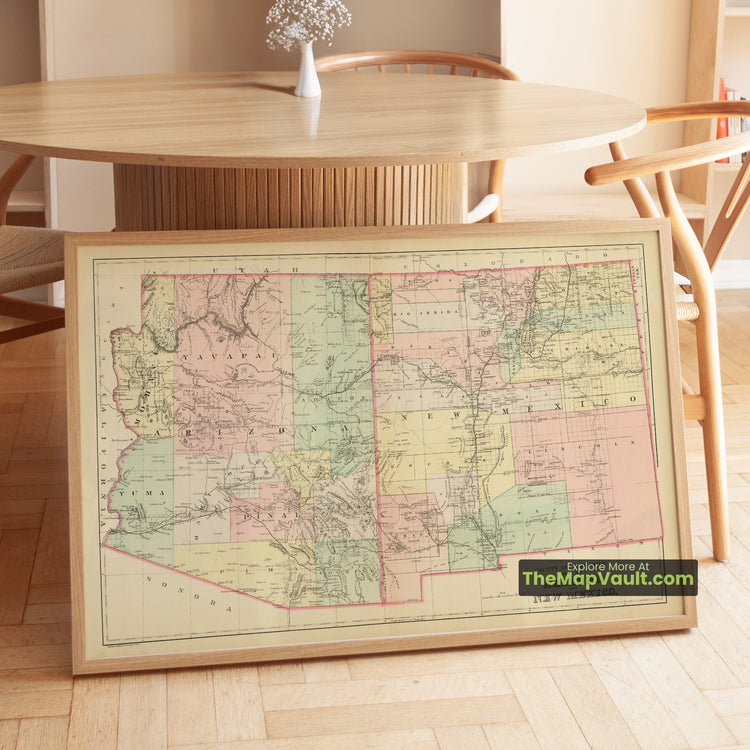 Arizona & New Mexico Map 1888 Township Print - Phoenix, Tucson, Santa Fe - image 1