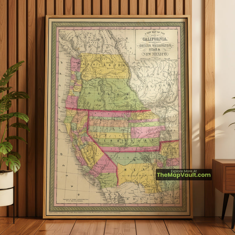 California, Oregon, Washington, Utah & New Mexico Map 1854 Regional Print - Sacramento, Portland, Olympia, Salt Lake City, Santa Fe - image 1