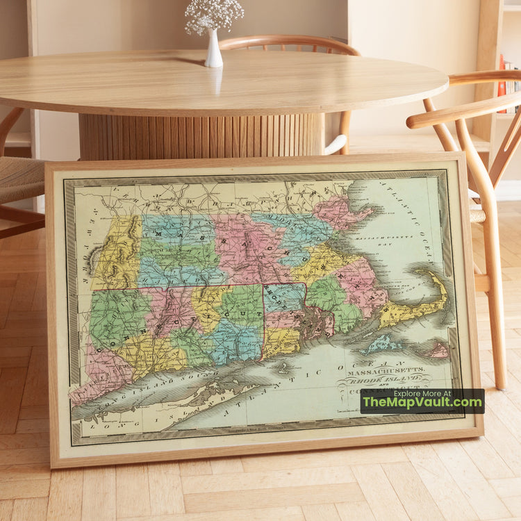 Massachusetts, Rhode Island & Connecticut Map 1836 Regional Print - Boston, Providence, Hartford - image 1