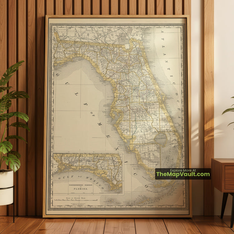 Florida Map 1888 State Print - Pensacola, Tampa, Miami - image 1