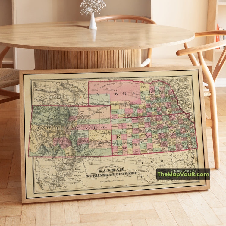 Kansas, Nebraska & Colorado Map 1875 County Print - Topeka, Lincoln, Denver - image 1