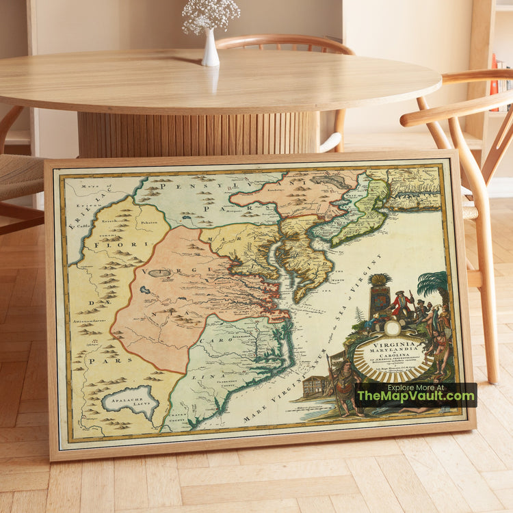 Virginia, Maryland & Carolina Map 1720 Regional Print - Williamsburg, Annapolis, Charleston - image 1