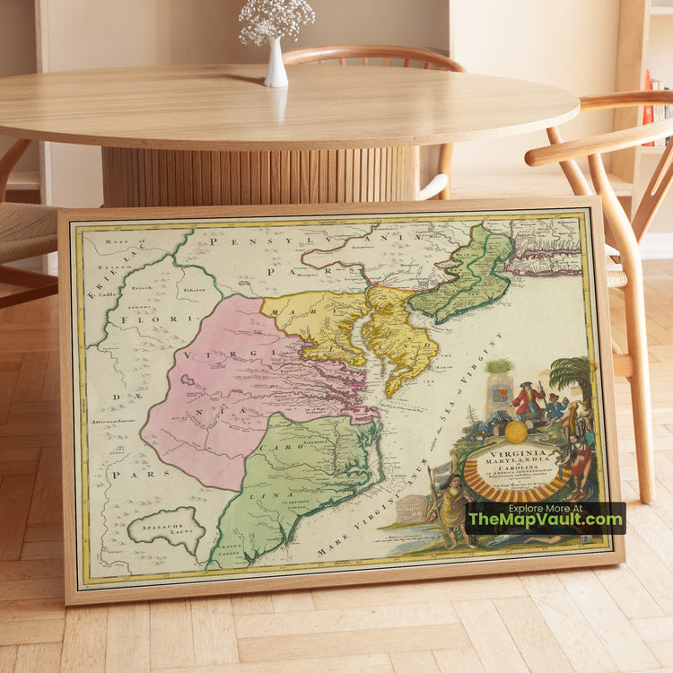 Virginia, Maryland & Carolina Map 1730 Regional Print - Williamsburg, Annapolis, Charleston - image 1