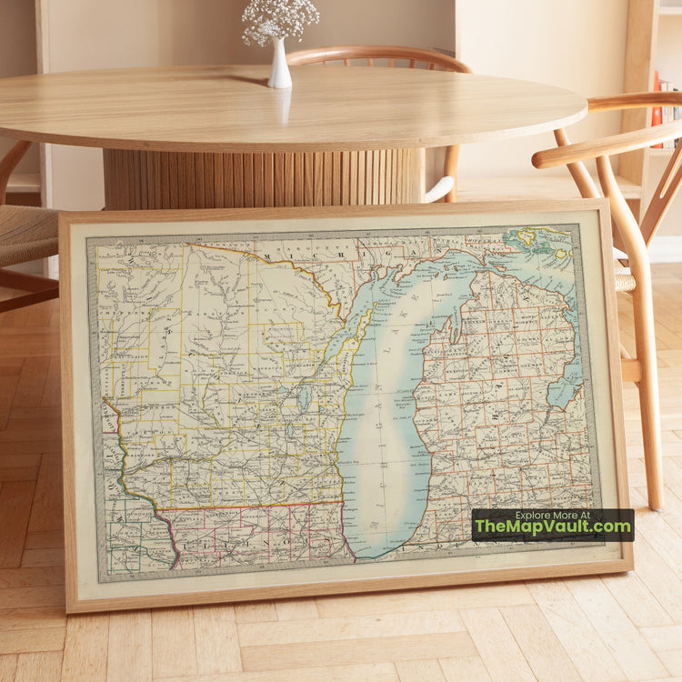 Wisconsin & Michigan Map 1850 Regional Print - Milwaukee, Madison, Marquette - image 1