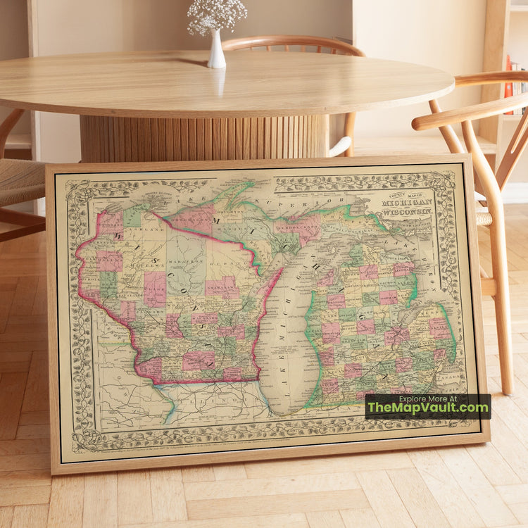 Michigan & Wisconsin Map 1867 County Print - Detroit, Milwaukee, Lansing - image 1