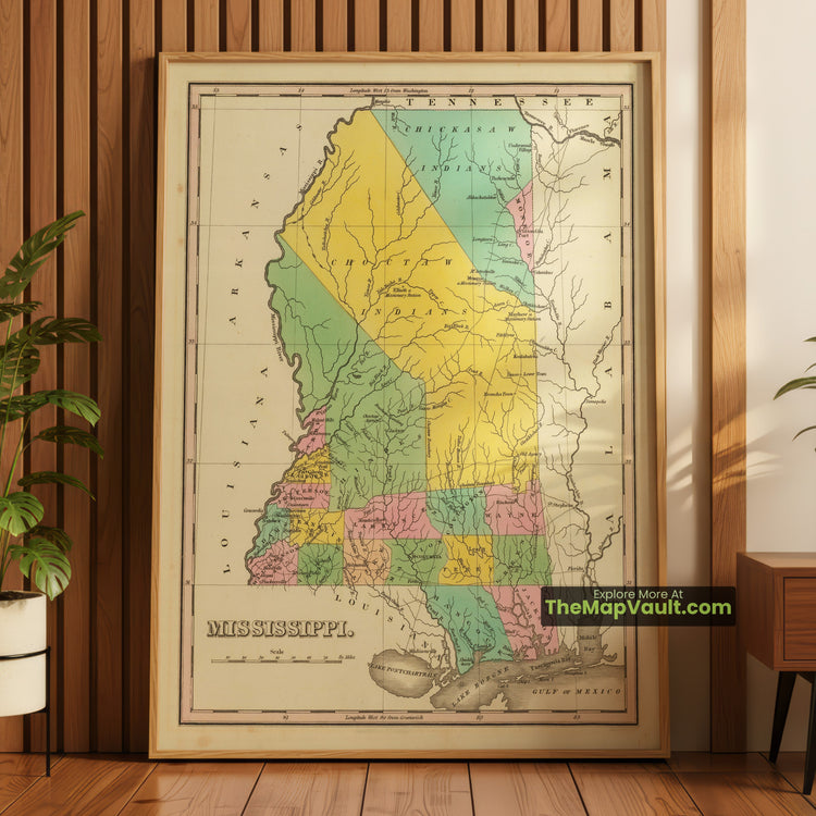 Mississippi Map 1824 State Print - Natchez, Jackson, Cotton Gin Port - image 1