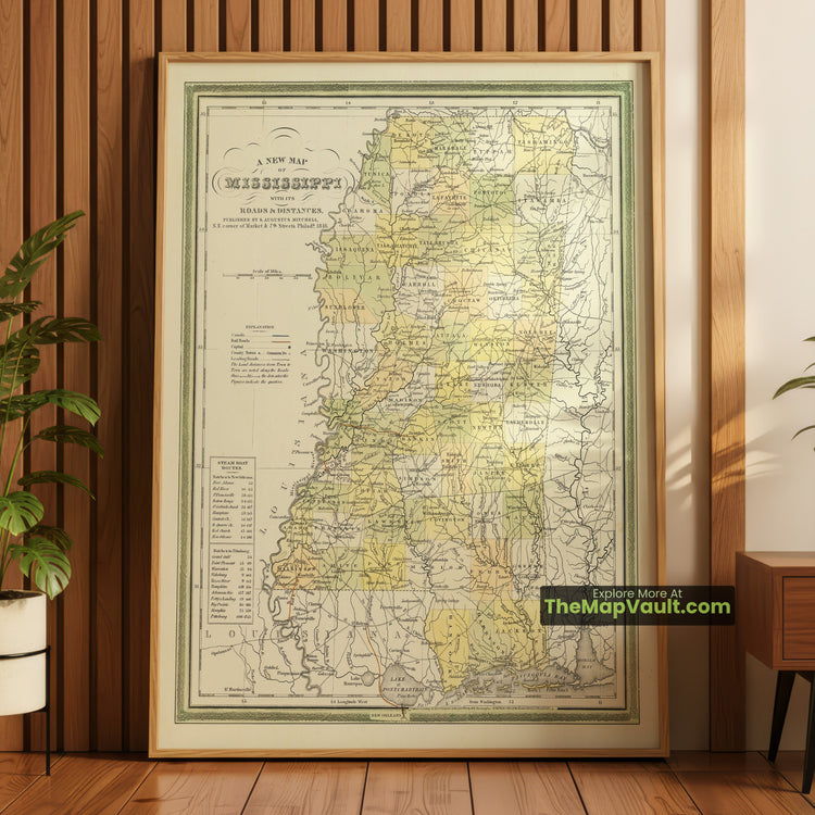 Mississippi Map 1846 State Print - Jackson, Natchez, Vicksburg - image 1