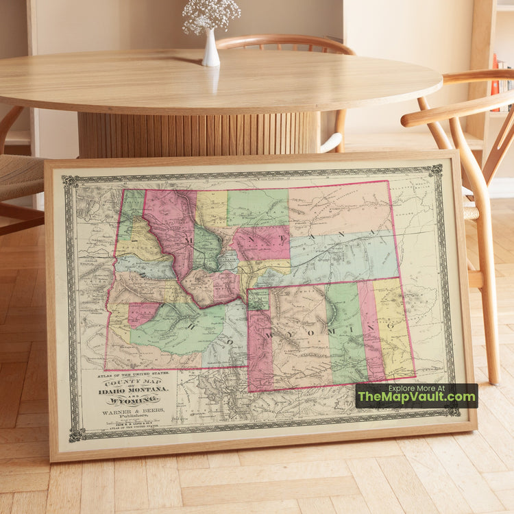 Montana, Idaho & Wyoming Map 1872 County Print - Helena, Boise, South Pass City - image 1