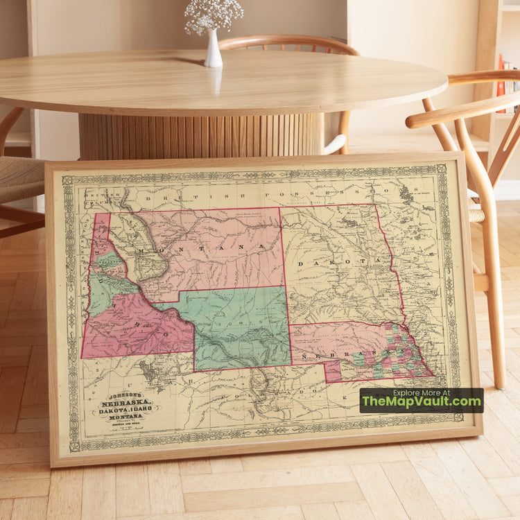 Nebraska, Dakota, Idaho & Montana Map 1865 Regional Print - Omaha, Sioux Falls, Boise, Billings - image 1