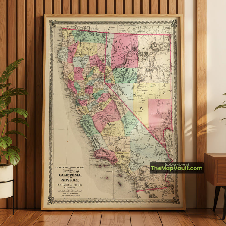 Nevada & California Map 1873 County Print - Las Vegas, Los Angeles, San Francisco - image 1