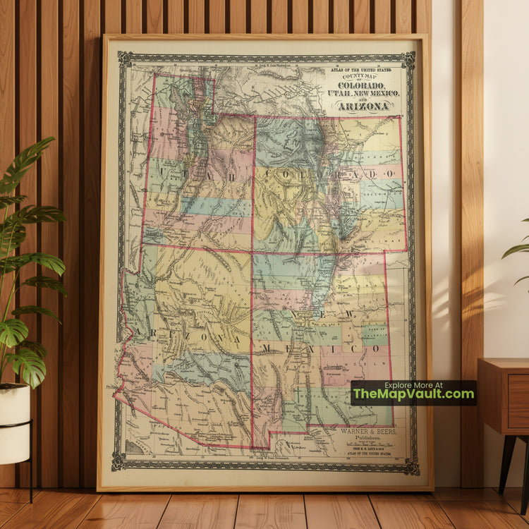 Colorado, Utah, New Mexico & Arizona Map 1872 County Print - Denver, Salt Lake City, Santa Fe, Prescott - image 1