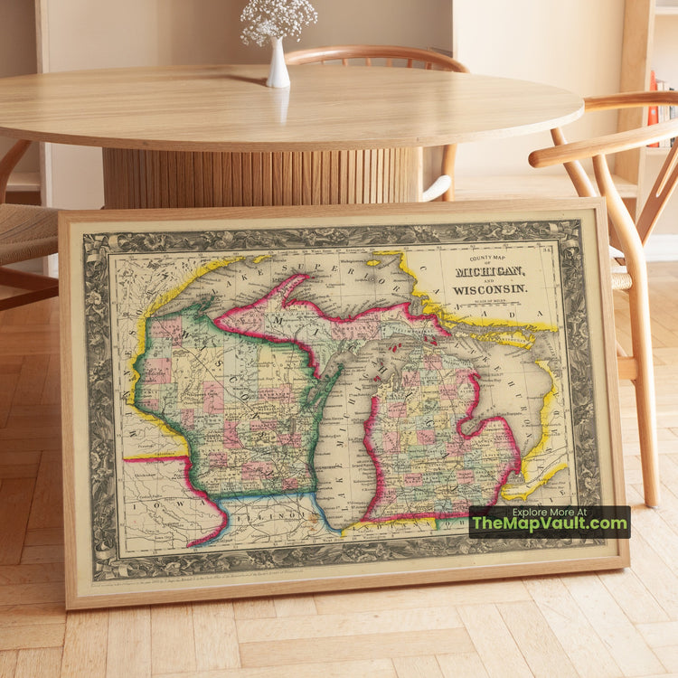 Michigan & Wisconsin Map 1860 County Print - Detroit, Madison, Milwaukee - image 1