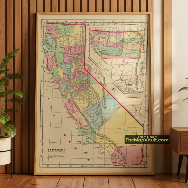 California & Utah Map 1856 Regional Print - Los Angeles, San Diego, Santa Barbara - image 1