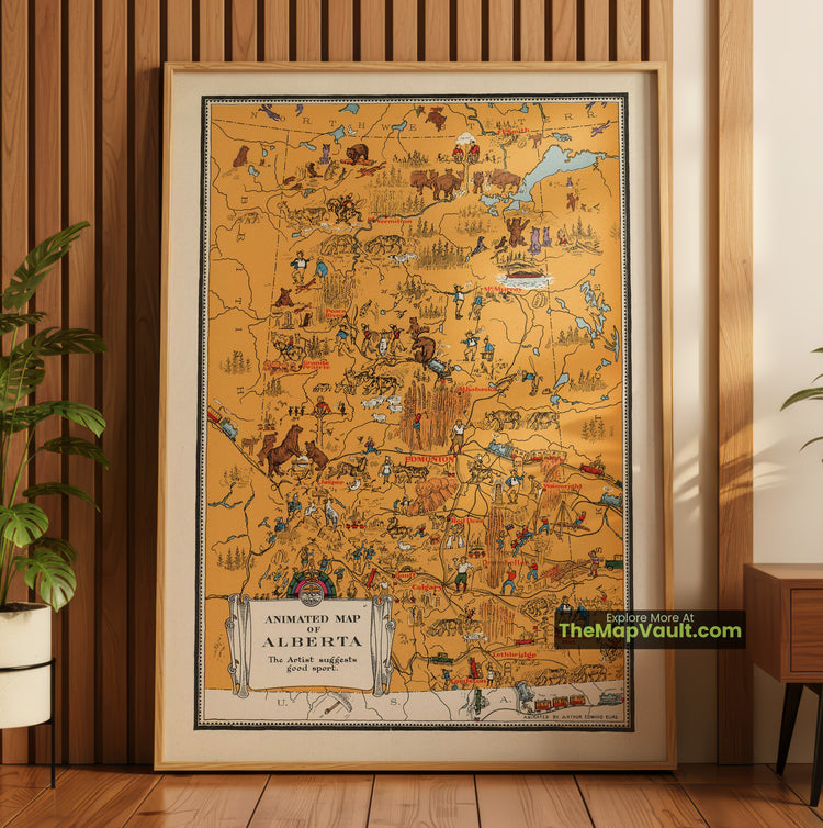 Alberta Map 1929 Pictorial Print - Edmonton, Calgary, Banff - image 1