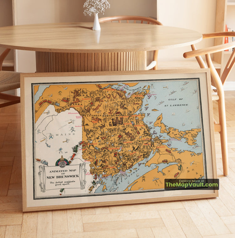 New Brunswick Map 1929 Pictorial Print - Saint John, Fredericton, Moncton - image 1