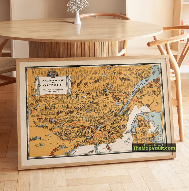 Quebec Map 1929 Pictorial Print - Quebec City, Montreal, Gaspe - image 1