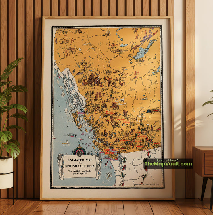 British Columbia Map 1929 Pictorial Print - Vancouver, Victoria, Kamloops - image 1