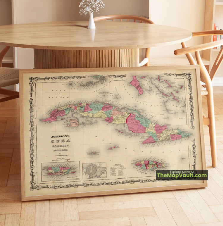 Cuba, Jamaica & Puerto Rico Map 1860 Regional Print - Havana, Kingston, San Juan - image 1