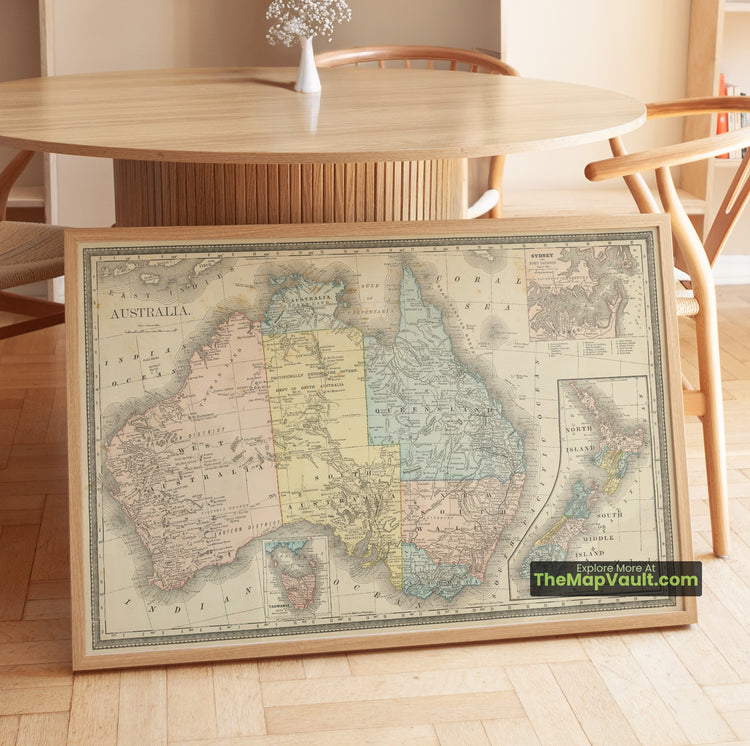 Australia, New Zealand & Tasmania Map 1882 Regional Print - Sydney, Melbourne, Auckland, Hobart - image 1