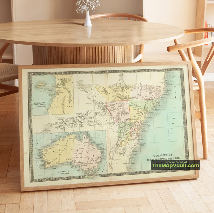 New South Wales & Western Australia Map 1834 Regional Print - Sydney, Newcastle, Wollongong, Perth - image 1