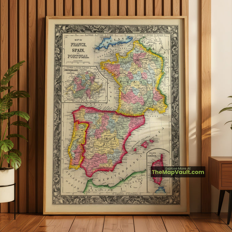 France, Spain & Portugal Map 1860 Atlas Print - Paris, Madrid, Lisbon, Marseille - image 1