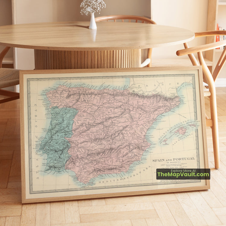 Spain & Portugal Map 1872 Provinces Family Atlas Print - Madrid, Lisbon, Barcelona, Seville, Porto - image 1