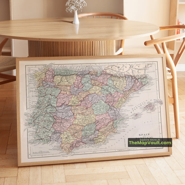 Spain & Portugal Map 1882 Railways & Telegraph Cables Atlas Print - Madrid, Lisbon, Barcelona, Seville, Porto - image 1