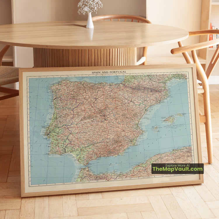 Spain & Portugal Map 1956 Mid-Century Times Atlas Print - Madrid, Lisbon, Barcelona, Palma, Porto - image 1