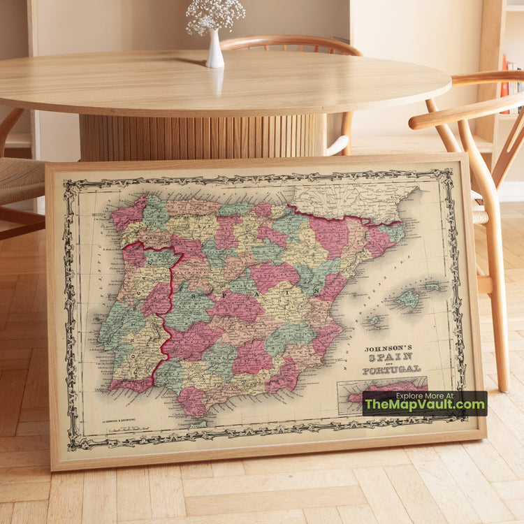 Spain & Portugal Map 1860 Family Atlas Gibraltar Inset Print - Madrid, Lisbon, Barcelona, Gibraltar, Málaga - image 1