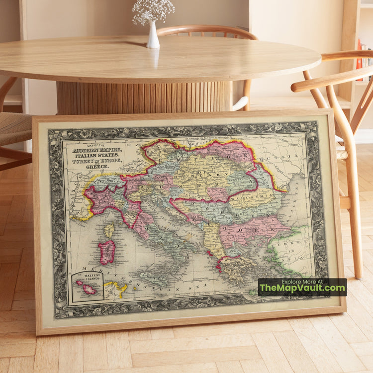 Austrian Empire, Italy & Greece Map 1860 American Atlas Print - Vienna, Rome, Venice, Athens, Valletta - image 1