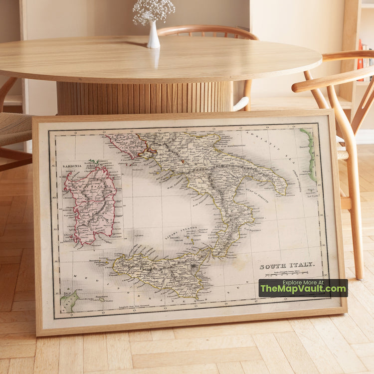 Southern Italy Map 1832 Hand-Colored Atlas Print - Naples, Palermo, Cagliari, Messina - image 1