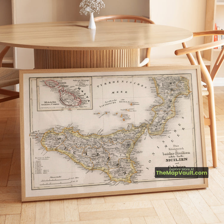 Sicily & Calabria Map 1849 Kingdom of the Two Sicilies Atlas Print - Palermo, Messina, Catania, Reggio Calabria, Valletta - image 1