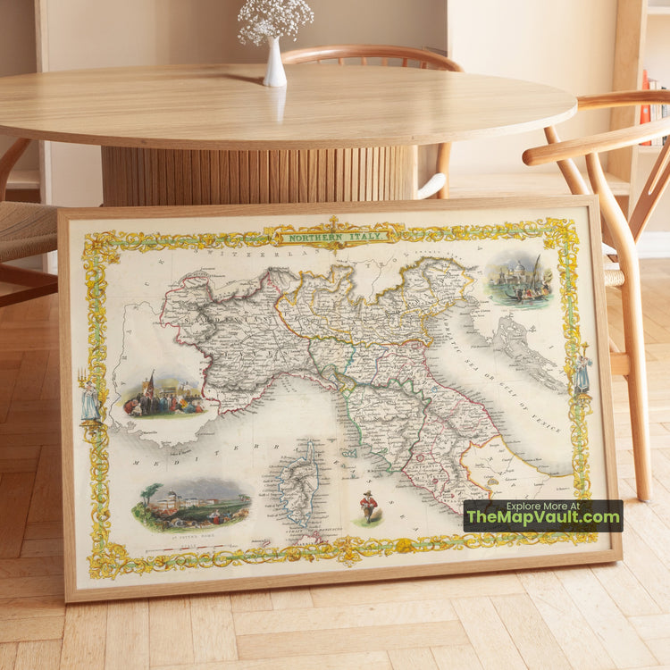 Northern Italy Map 1851 Illustrated Vignette Atlas Print - Milan, Venice, Turin, Genoa, Rome - image 1