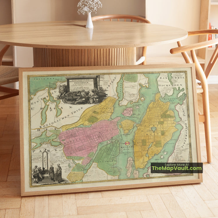 Stockholm Map 1720 Homann City Plan & Prospect Print - Gamla Stan, Norrmalm, Sodermalm, Lake Malaren - image 1