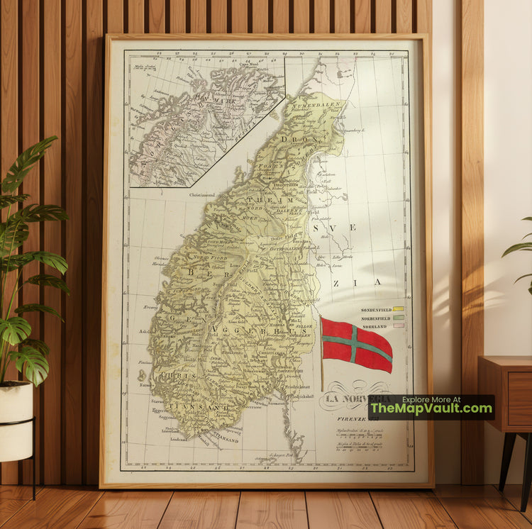 Norway Map 1838 Marmocchi La Norvegia Print with Flag - Oslo, Bergen, Trondheim, Stavanger - image 1