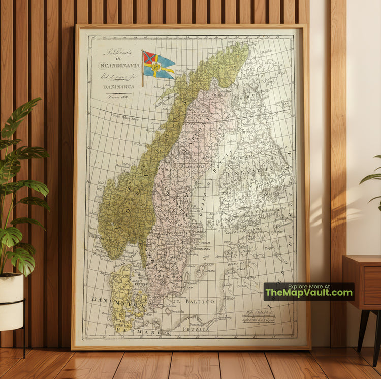 Scandinavia Map 1838 Marmocchi Peninsula & Denmark Print with Flag - Sweden, Norway, Denmark, Copenhagen - image 1