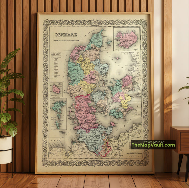 Denmark Map 1856 Colton Atlas Print with Iceland, Bornholm & Faroe Insets - Copenhagen, Iceland, Bornholm, Faroe Islands - image 1