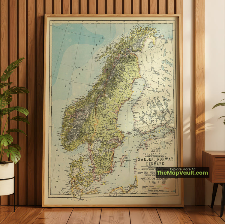 Sweden, Norway & Denmark Map 1883 Letts Popular Atlas Print - Stockholm, Oslo, Copenhagen, Railways - image 1