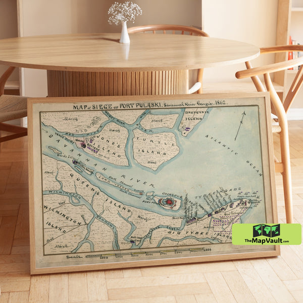 Savannah River Map - Fort Pulaski 1862 - Nautical Chart Print | Civil War Siege Map of Savannah River, Georgia